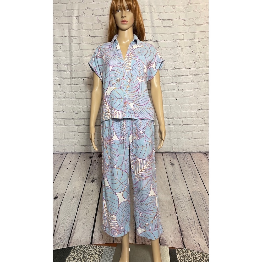 NWT New Cynthia Rowley Linen Blue Tropical Leaf Shirt Pants Set Size XS